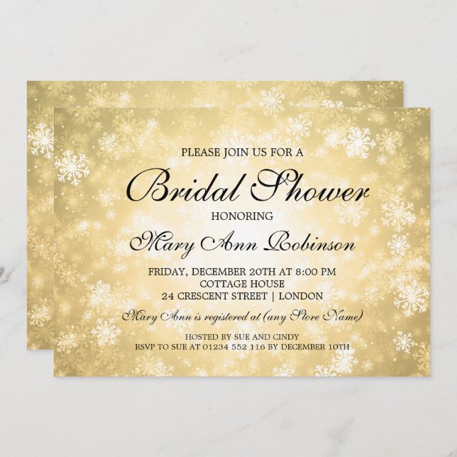 Invitation Elégante Fête de l'mariée Gold Winter Wonderland (Devant / Derrière)