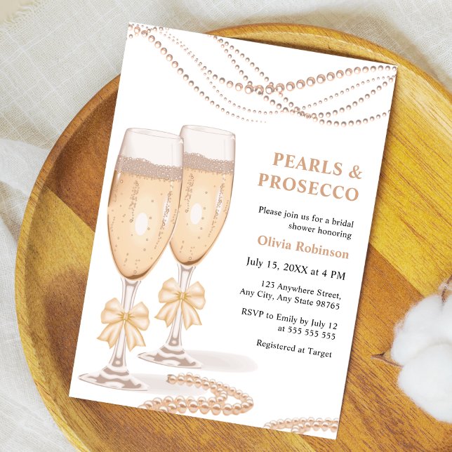Invitation Élégante Fête de Mariage avec Arc en Or Perles et  (Elegant Gold Bow Pearls and Prosecco Bridal Shower Invitation    )