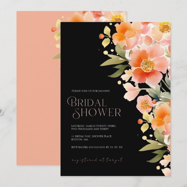 Invitation Élégante Fête de Mariage Corail Florale Noire (Devant / Derrière)