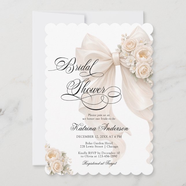 Invitation Élégante Fête de Mariage Florale avec Ruban Blanc  (Devant)