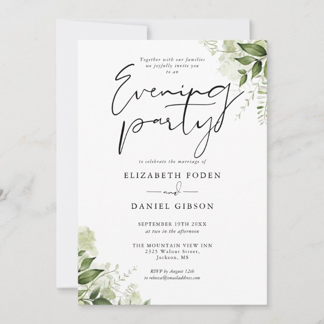 Invitation Élégante Fête de Mariage Florale de Verdure Soirée (Devant)