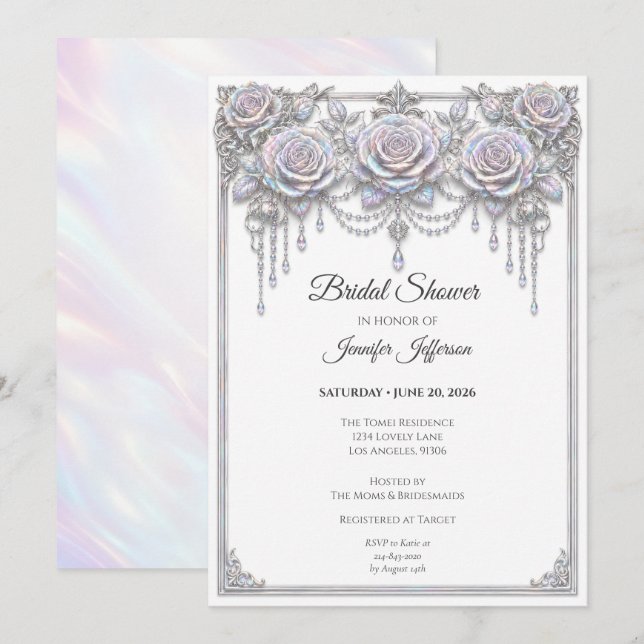 Invitation Élégante Fête de Mariage Florale Iridescente (Devant / Derrière)