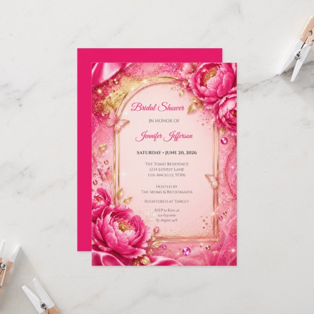 Invitation Élégante Fête de Mariage Florale Rose et Or (Devant/Arrière en situation)
