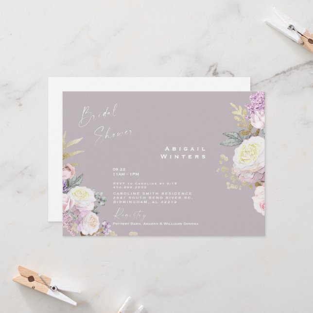 Invitation Élégante Fête de Mariage Florale Rose Lavande (Devant/Arrière en situation)