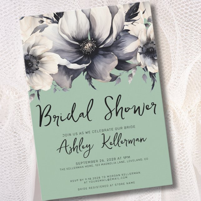 Invitation Élégante Fête de Mariage Florale Verte (Watercolor Elegant Floral Sage Green Bridal Shower Invitation)