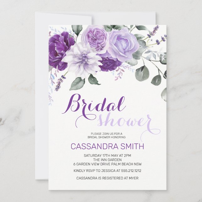 Invitation Élégante Fête de Mariage Florale Violette de Print (Devant)