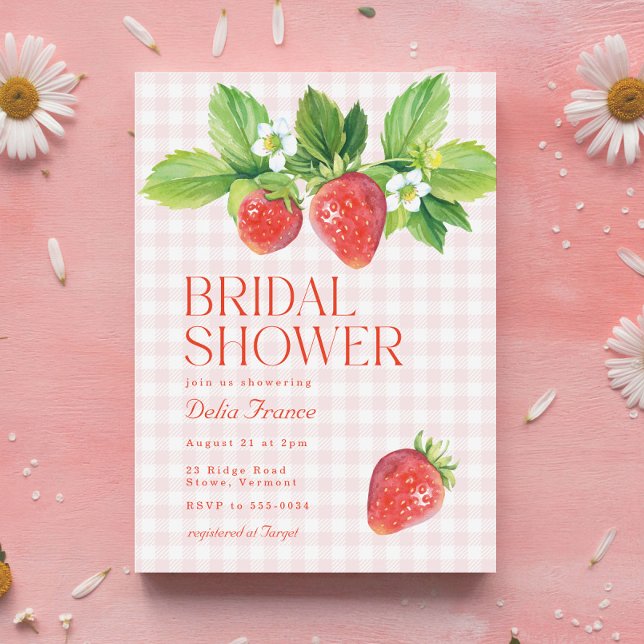 Invitation Élégante Fête de Mariage Rose Fraise à Carreaux (Créateur téléchargé)