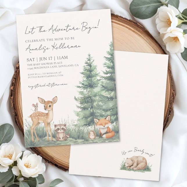 Invitation Élégante Fête de Naissance Aventure Animaux de la  (Woodland Forest Animal Adventure Baby Shower Invitation)