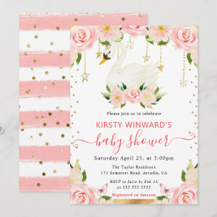 Invitation Élégante Fête de Naissance Fleurie au Cygne Aquare
