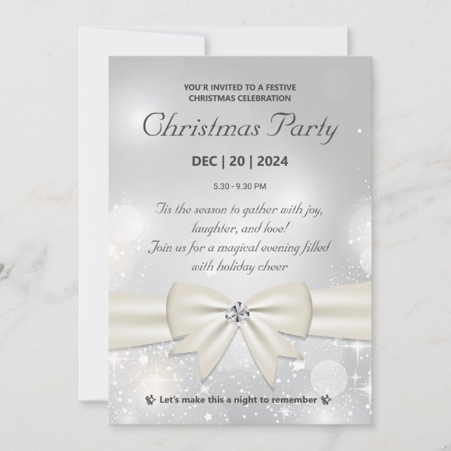 Invitation Élégante fête de Noël Argent Bow and Sparkles (Devant)