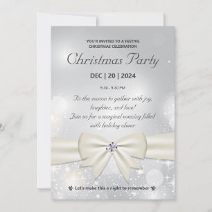 Invitation Élégante fête de Noël Argent Bow and Sparkles