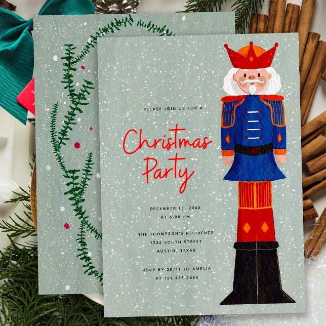 Invitation Élégante Fête de Noël Casse-Noisette Bleu Rouge (Front and Back)