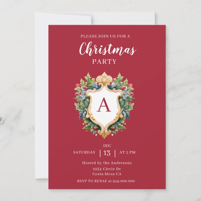 Invitation Élégante fête de Noël de la crête de monogramme (Devant)