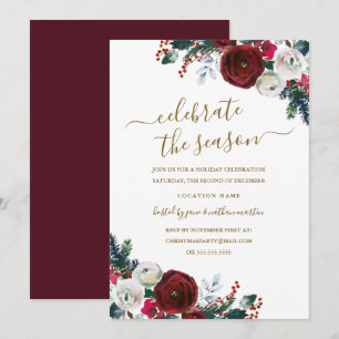 Invitation Élégante Fête de Noël Florale Bourgogne