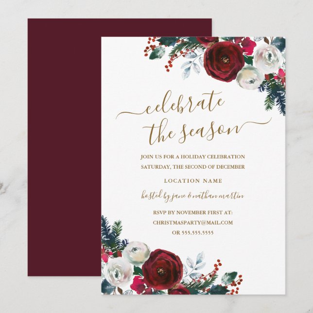 Invitation Élégante Fête de Noël Florale Bourgogne (Devant / Derrière)