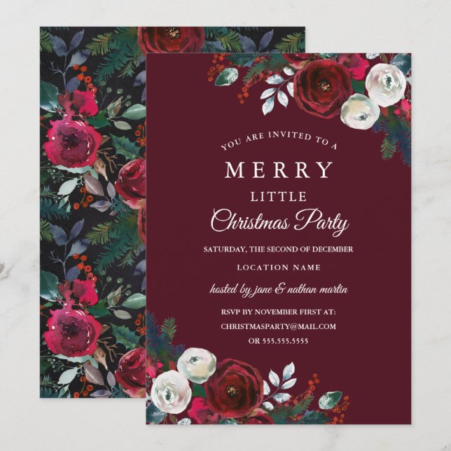 Invitation Élégante Fête de Noël Florale Bourgogne (Devant / Derrière)