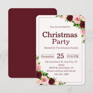Invitation Élégante Fête de Noël Florale Rose Bourgogne