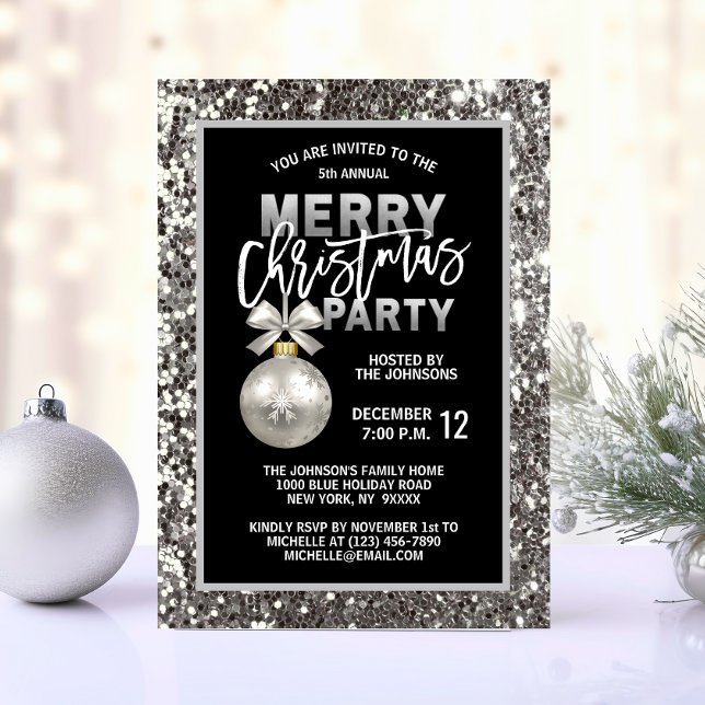 Invitation Élégante fête de Noël Parties scintillant d'argent (Elegant Christmas PARTY Black Silver Glitter Invitation)