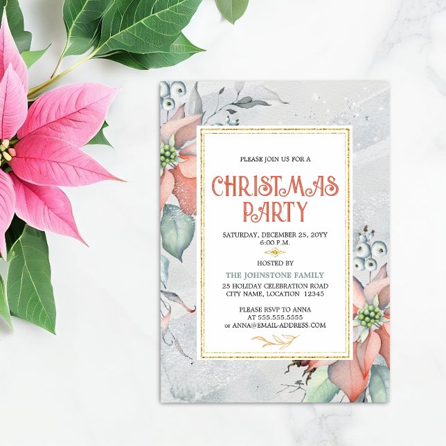 Invitation Élégante fête de Noël Poinsettia (Elegant poinsettia Christmas Holiday party invitation front view.)