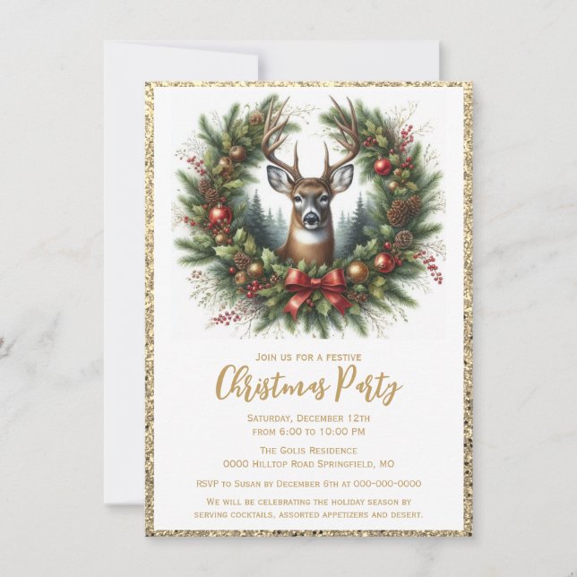 Invitation Élégante fête de Noël rustique avec cerf  (Devant)