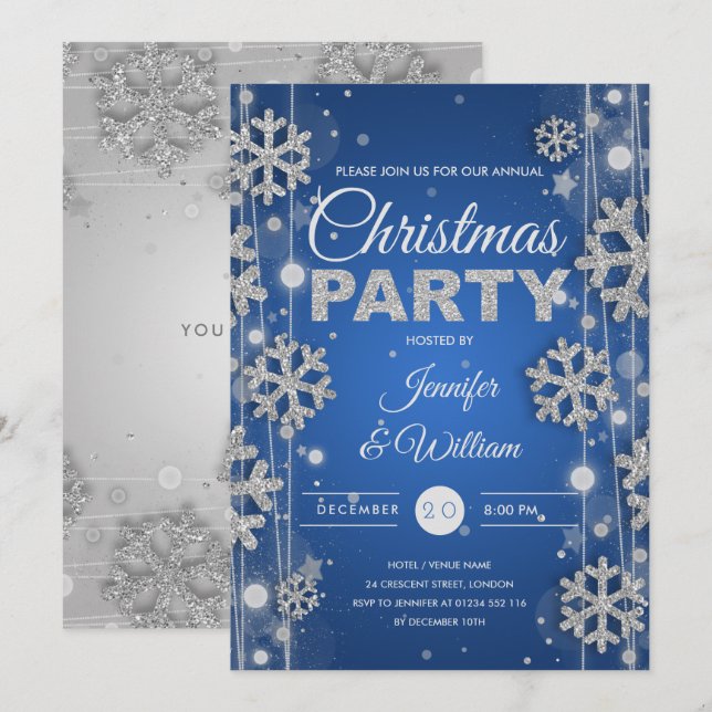Invitation Élégante fête de Noël Silver Blue Winter Glam (Devant / Derrière)