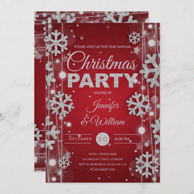 Invitation Élégante fête de Noël Silver Red Winter Glam (Devant / Derrière)