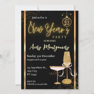 Invitation Elégante Fête de Nouvel An Or Noir Moderne