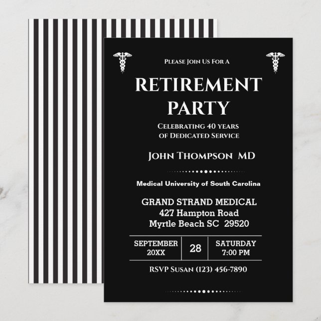 Invitation Élégante fête de retraite de médecin noir et blanc (Devant / Derrière)