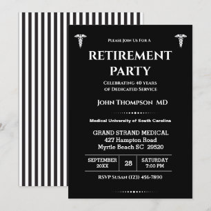 Invitation Élégante fête de retraite de médecin noir et blanc