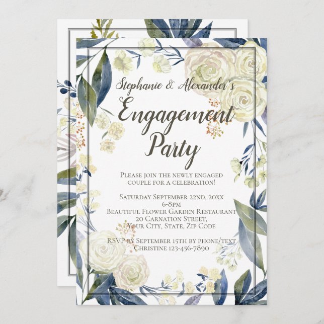 Invitation Élégante fête d'engagement de la Fleur d'aquarelle (Devant / Derrière)