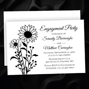 Invitation Élégante fête d'engagement floral noir blanc