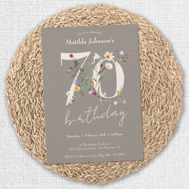 Invitation Elégante fête des Fleurs sauvages floraux 70e anni (70th Birthday Wildflowers Elegant Floral Invitation)