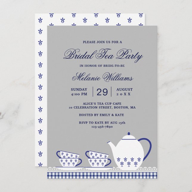 Invitation Elégante Fête des mariées Blue Grey Floral Tea Par (Devant / Derrière)