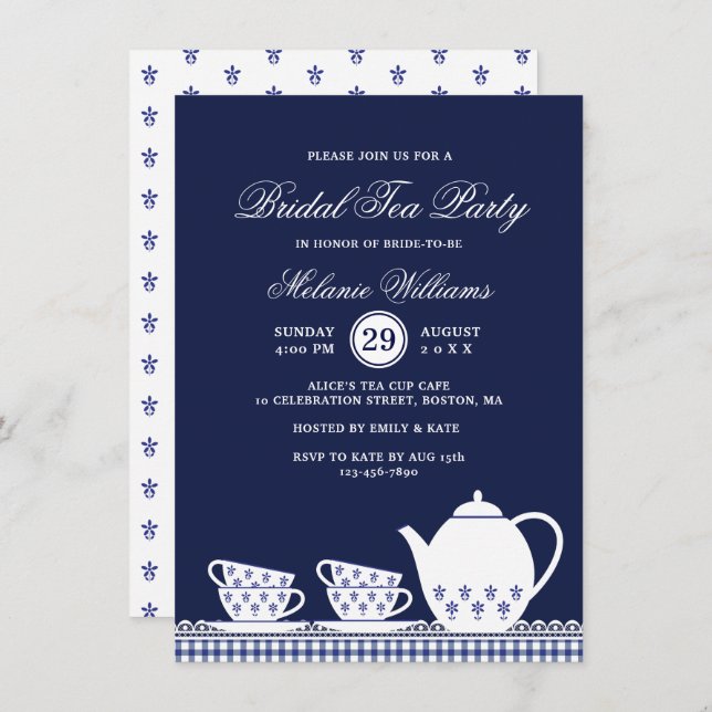 Invitation Elégante Fête des mariées Blue White Floral Tea Pa (Devant / Derrière)