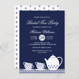 Invitation Elégante Fête des mariées Blue White Floral Tea Pa