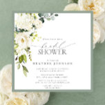Invitation Elégante Fête des mariées couleur vert gris blanc<br><div class="desc">Une élégante invitation à la douche nuptiale carré moderne avec feuilles botaniques gris et eucalyptus, bordée d'un vert gris-bleu pâle d'eucalyptus. Personnalisez vos détails de douche nuptiale en noir doux, accentué par une belle calligraphie moderne lettrée à la main. L'arrière de la carte présente les botaniques à fleurs d'aquarelle dans...</div>