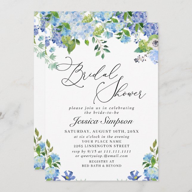 Invitation Elégante Fête des mariées d'aquarelle Blue Hydrang (Devant / Derrière)