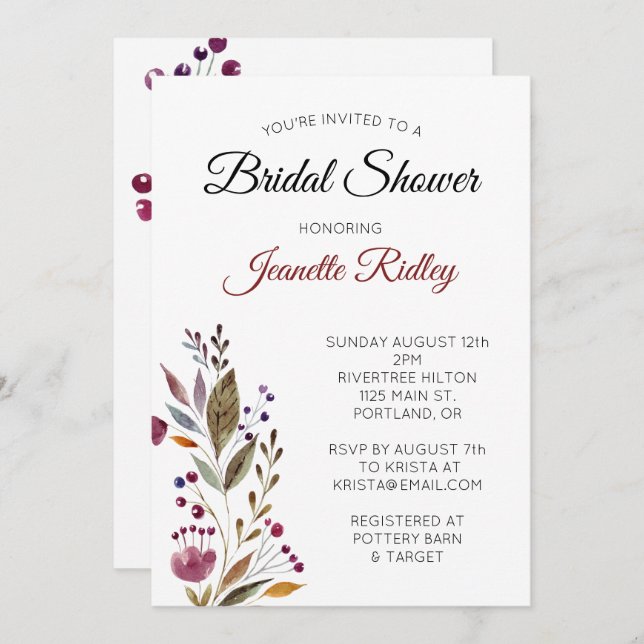 Invitation Elégante Fête des mariées d'aquarelle florale bord (Devant / Derrière)