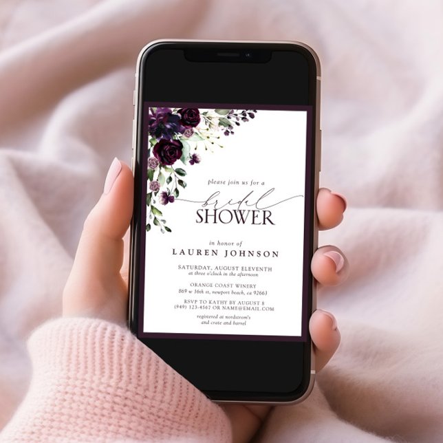 Invitation Elégante Fête des mariées d'aquarelle pourpre prun (Créateur téléchargé)