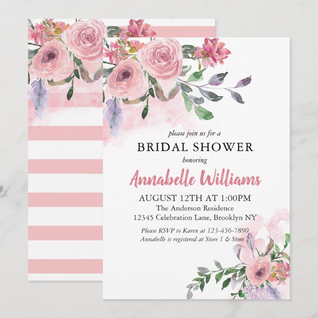 Invitation Elégante Fête des mariées d'aquarelle rose pâle (Devant / Derrière)