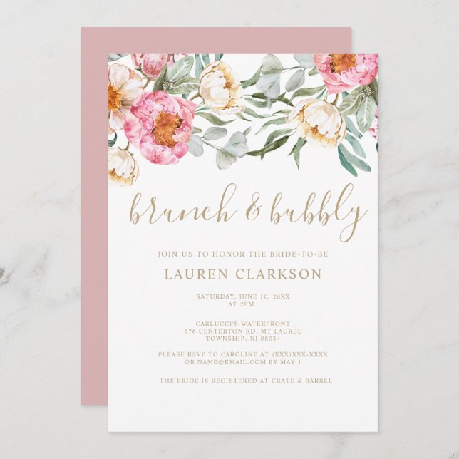 Invitation Elégante Fête des mariées de Brunch Floral Rose (Devant / Derrière)