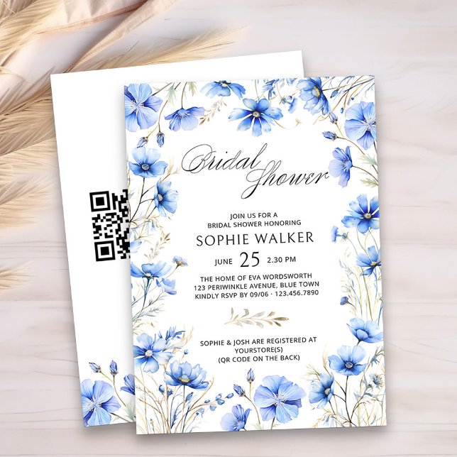 Invitation Élégante Fête des mariées de code QR Floral Bleu (Something Blue Bridal Shower Invitation with QR Code and Floral Frame)