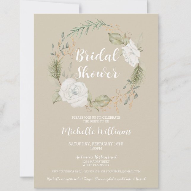 Invitation Élégante Fête des mariées de couronne de fleurs hi (White Floral Wreath Bridal Shower Invitation, Cream, Taupe, Beige, Neutral, Invite, Classic)