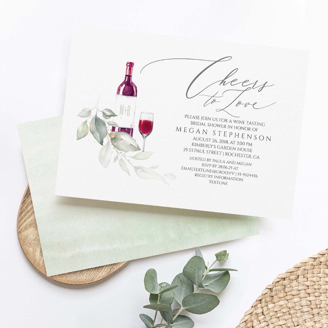 Invitation Elégante Fête des mariées de dégustation de vins v (Minimalist Greenery Bridal Shower Invitations - Cheers To Love)