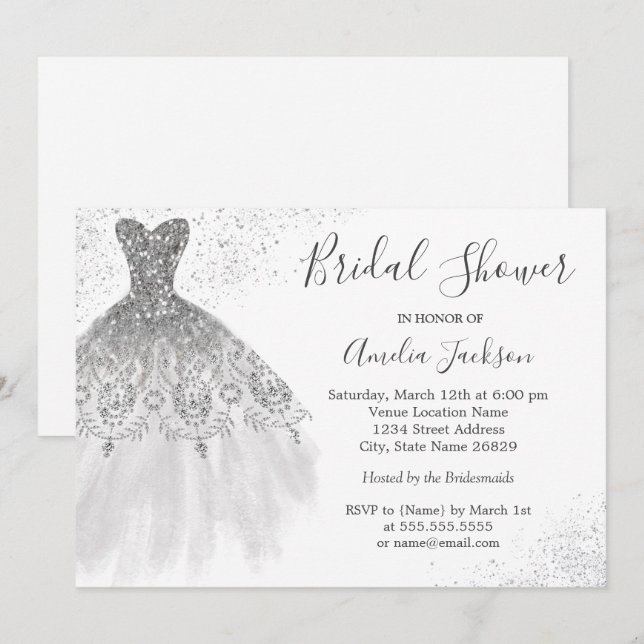 Invitation Elégante Fête des mariées de Mariage blanc argent (Devant / Derrière)