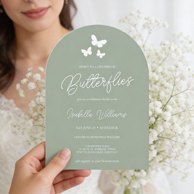 Invitation Élégante Fête des mariées de papillon vert Sage mo (Front of invite shown in 5 x 7 inches with an arch style, choose size, paper, and corner style.)