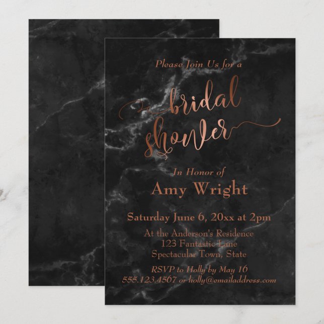 Invitation Élégante Fête des mariées de script en cuivre marb (Devant / Derrière)