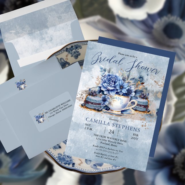 Invitation Elégante Fête des mariées de thé Floral d'hiver (Elegant Victorian Blue Floral Bridal Shower Tea Party Invitation)