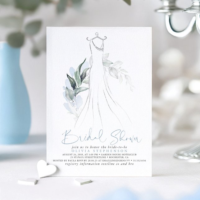 Invitation Elégante Fête des mariées de verdure argent bleu D (Dusty Blue Greenery and Silver Dress Bridal Shower Invitation)