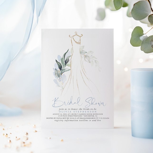 Invitation Elégante Fête des mariées Dusty Blue et Gold Green (Dusty Blue Greenery Dress Bridal Shower Invitations)
